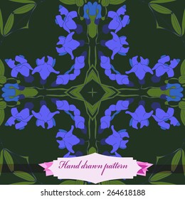 Circular seamless pattern of floral motif, flowers, leaves, star, label. Hand drawn.