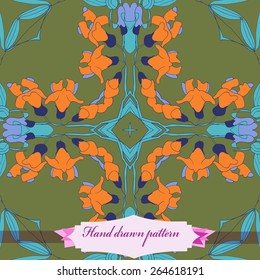 Circular seamless pattern of floral motif, flowers, leaves, star, label. Hand drawn.