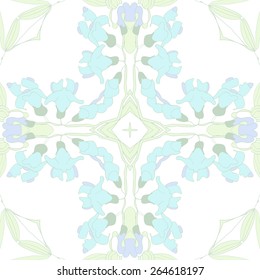 Circular seamless pattern of floral motif, flowers, leaves, star. Hand drawn.