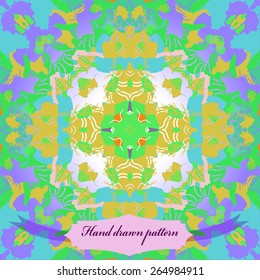 Circular seamless pattern of floral motif, stamen, label. Hand drawn.