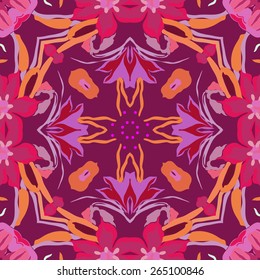 Circular seamless pattern of floral motif, flowers, leaves. Hand drawn.