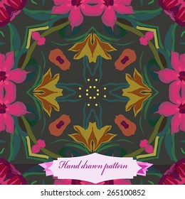 Circular seamless pattern of floral motif, flowers, leaves, label. Hand drawn.