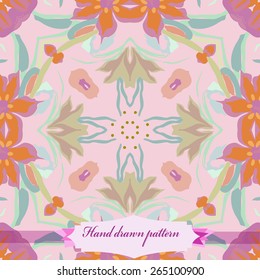 Circular seamless pattern of floral motif, flowers, leaves, label. Hand drawn.