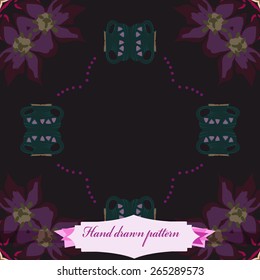 Circular seamless pattern of floral motif, flowers, label. Hand drawn.