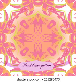 Circular seamless pattern of floral motif, flowers, leaves, label. Hand drawn.