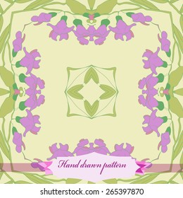 Circular seamless pattern of floral motif, flowers, leaves, label. Hand drawn.