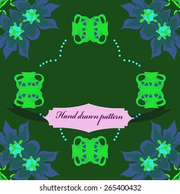 Circular seamless pattern of floral motif, flowers, label. Hand drawn.