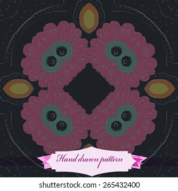 Circular seamless pattern of floral motif, flowers, label. Hand drawn.