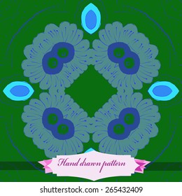 Circular seamless pattern of floral motif, flowers, label. Hand drawn.