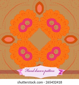 Circular seamless pattern of floral motif, flowers, label. Hand drawn.
