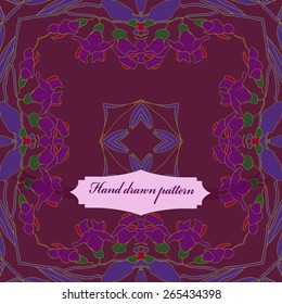 Circular seamless pattern of floral motif, flowers, leaves, label. Hand drawn.