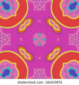 Circular seamless pattern of floral motif, doodles, ellipses. Hand drawn.