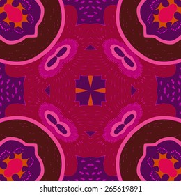 Circular seamless pattern of floral motif, doodles, ellipses. Hand drawn.