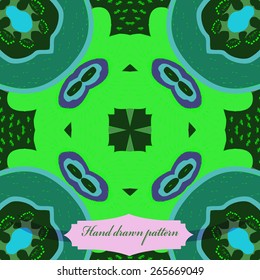 Circular seamless pattern of floral motif, doodles, ellipses, label. Hand drawn.