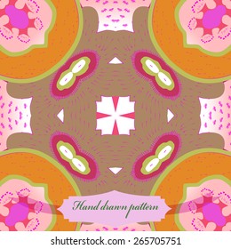 Circular seamless pattern of floral motif, doodles, ellipses, label. Hand drawn.