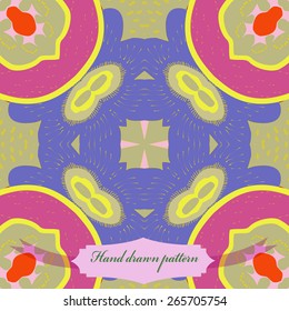 Circular seamless pattern of floral motif, doodles, ellipses, label. Hand drawn.