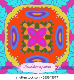 Circular seamless pattern of floral motif, star, zigzag, label. Hand drawn.