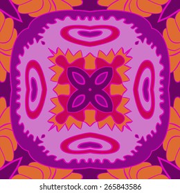Circular seamless pattern of floral motif, star, zigzag. Hand drawn.