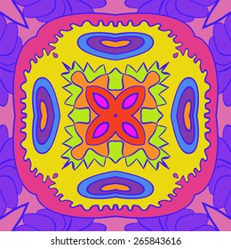 Circular seamless pattern of floral motif, star, zigzag. Hand drawn.