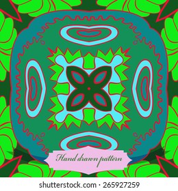Circular seamless pattern of floral motif, star, zigzag, label. Hand drawn.