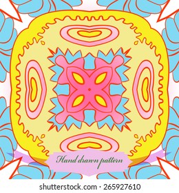 Circular seamless pattern of floral motif, star, zigzag, label. Hand drawn.