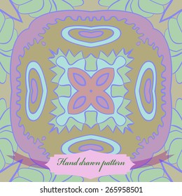 Circular seamless pattern of floral motif, star, zigzag, label. Hand drawn.