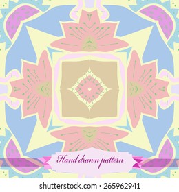 Circular seamless pattern of floral motif, leaves, zigzag, stamens, label. Hand drawn.