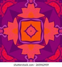 Circular seamless pattern of floral motif, leaves, zigzag, stamens. Hand drawn.