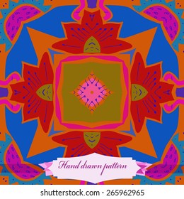 Circular seamless pattern of floral motif, leaves, zigzag, stamens, label. Hand drawn.