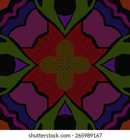 Circular seamless pattern of floral motif, stamens, doodles. Hand drawn.