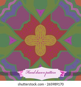 Circular seamless pattern of floral motif, stamens, doodles, label. Hand drawn.
