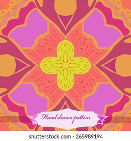 Circular seamless pattern of floral motif, stamens, doodles, label. Hand drawn.