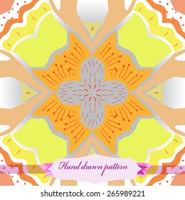 Circular seamless pattern of floral motif, stamens, doodles, label. Hand drawn.