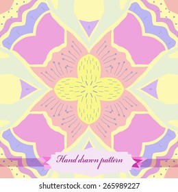 Circular seamless pattern of floral motif, stamens, doodles, label. Hand drawn.
