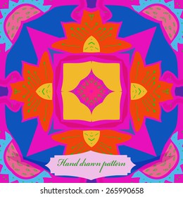 Circular seamless pattern of floral motif, leaves, zigzag, stamens, label. Hand drawn.