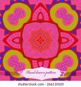 Circular seamless pattern of floral motif, doodles, zigzags, label. Hand drawn.