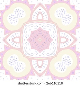 Circular seamless pattern of floral motif, doodles, zigzags. Hand drawn.
