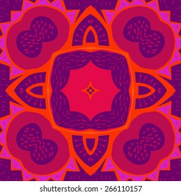 Circular seamless pattern of floral motif, doodles, zigzags. Hand drawn.