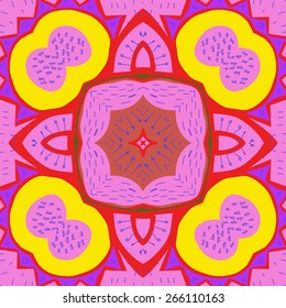 Circular seamless pattern of floral motif, doodles, zigzags. Hand drawn.