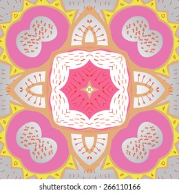 Circular seamless pattern of floral motif, doodles, zigzags. Hand drawn.
