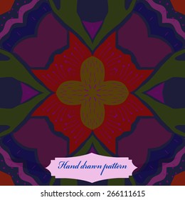 Circular seamless pattern of floral motif, stamens, doodles, label. Hand drawn.