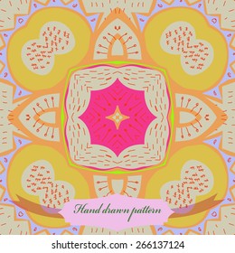Circular seamless pattern of floral motif, doodles, zigzags, label. Hand drawn.
