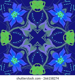 Circular seamless pattern of floral motif, flowers, vases, ellipses. Hand drawn.