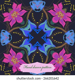 Circular seamless pattern of floral motif, flowers, vases, ellipses, label. Hand drawn.
