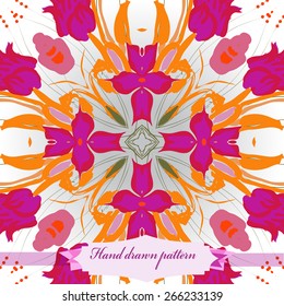 Circular seamless pattern of floral motif, flowers, branches, leave, ellipses, label. Hand drawn.