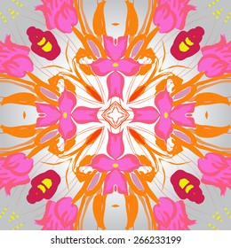 Circular seamless pattern of floral motif, flowers, branches, leave, ellipses. Hand drawn.