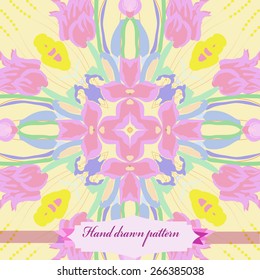 Circular seamless pattern of floral motif, flowers, branches, leaves, label. Hand drawn.