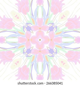 Circular seamless pattern of floral motif, flowers, branches, leaves. Hand drawn.