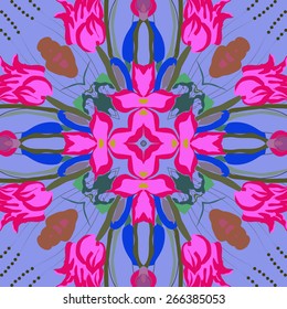 Circular seamless pattern of floral motif, flowers, branches, leaves. Hand drawn.