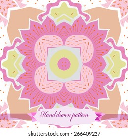 Circular seamless pattern of floral motif, flower, doodles, stamens, label. Hand drawn.